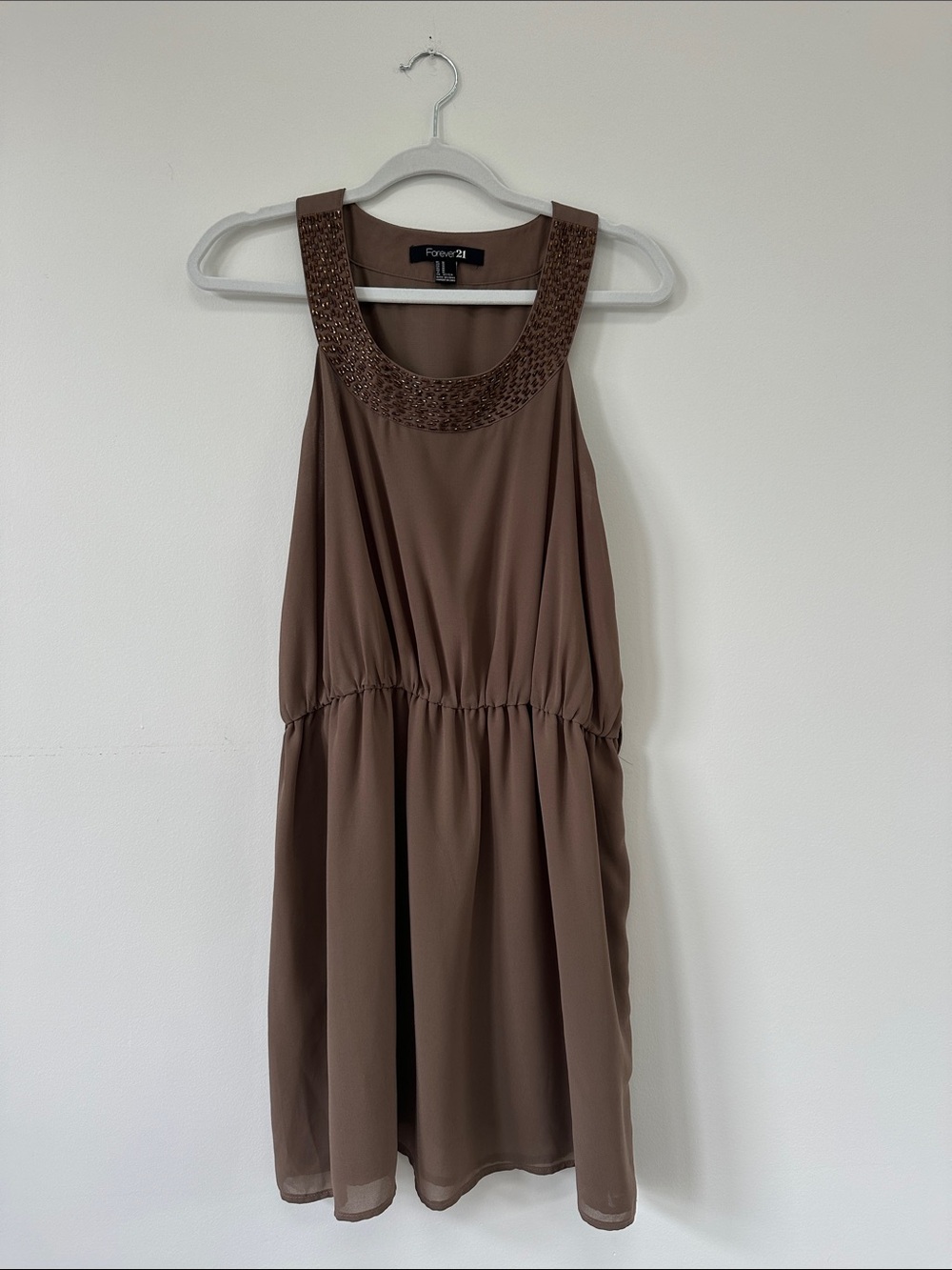 Forever 21 Brown Beaded-Neck Tie-Waist Mini Dress